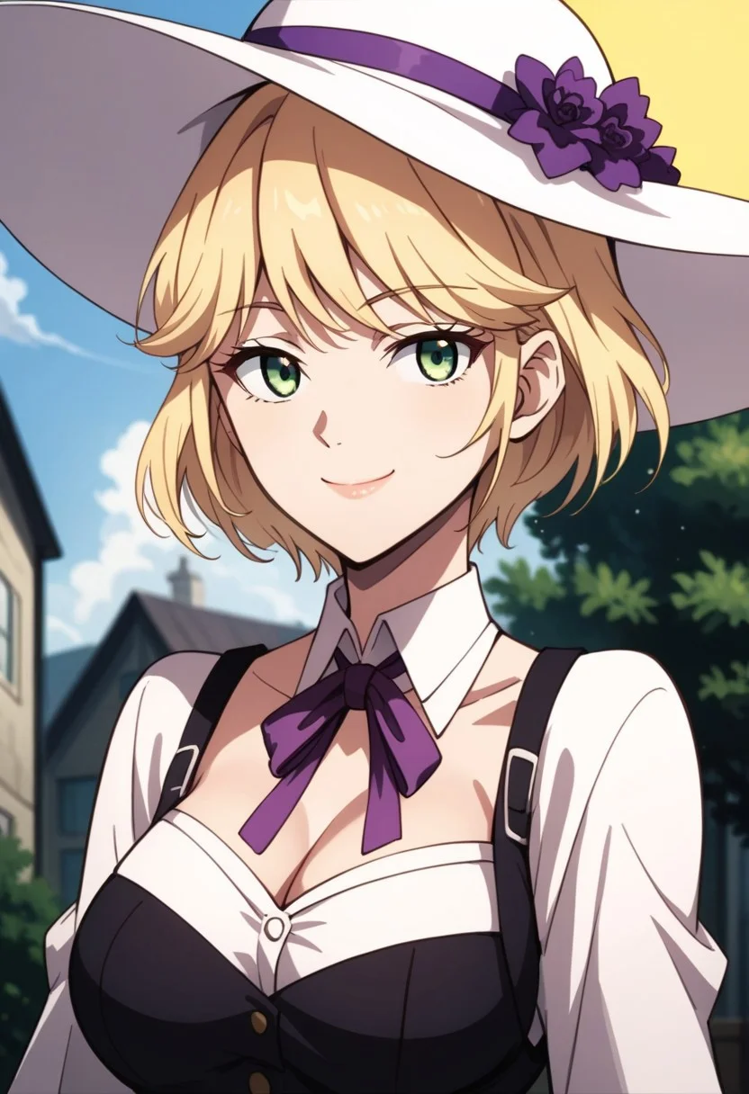 score_9, score_8_up, score_7_up, source_anime, TARTE (THE WORLD'S FINEST ASSASSIN), 1girl, solo, looking at viewer, smile, short hair, bangs, blonde hair, hat, dress, bow, ribbon, closed mouth, green eyes, upper body, neck ribbon, white headwear, sun hat, purple bow, purple ribbon