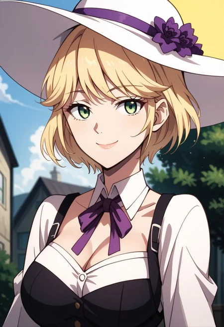 score_9, score_8_up, score_7_up, source_anime, TARTE (THE WORLD'S FINEST ASSASSIN), 1girl, solo, looking at viewer, smile, short hair, bangs, blonde hair, hat, dress, bow, ribbon, closed mouth, green eyes, upper body, neck ribbon, white headwear, sun hat, purple bow, purple ribbon