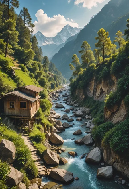 A serene and picturesque scene of the Nepal valley, surrounded by towering Himalayan mountains. In the distance, the majestic Mount Everest, the highest peak in the world, proudly stands tall, adorned by its icy white cap. The valley itself is lush and green, dotted with small villages and terraced rice paddies.
The sky is a brilliant blue, unobstructed by clouds, allowing the warm sunlight to bathe the entire landscape in a golden glow. The air is crisp and clean, filled with the scent of pine trees and the sound of rushing mountain streams.
In the foreground,there is a wooden bridge across that spans a narrow gorge. The image evokes a sense of peace and harmony, as well as an overwhelming appreciation for the raw beauty and majesty of nature.
