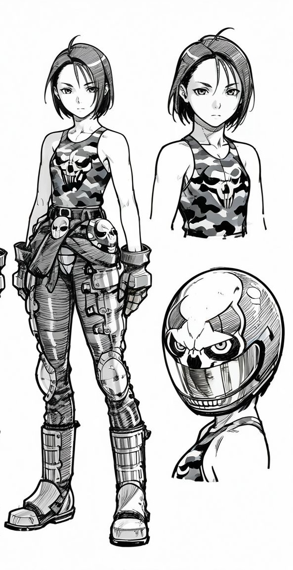 masterpiece, best quality, <lora:Akira_Kazama_Rival_Schools_-_IL:1>, kazama akira, 1girl, looking at viewer, short hair, gloves, solo, white background, monochrome, greyscale, boots, sketch,tank top, concept art, multiple views, biker helmet, skull helmet, bodysuit, camouflage,