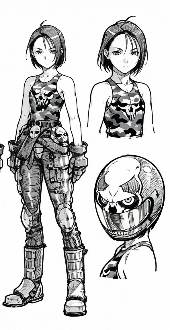 masterpiece, best quality, <lora:Akira_Kazama_Rival_Schools_-_IL:1>, kazama akira, 1girl, looking at viewer, short hair, gloves, solo, white background, monochrome, greyscale, boots, sketch,tank top, concept art, multiple views, biker helmet, skull helmet, bodysuit, camouflage,