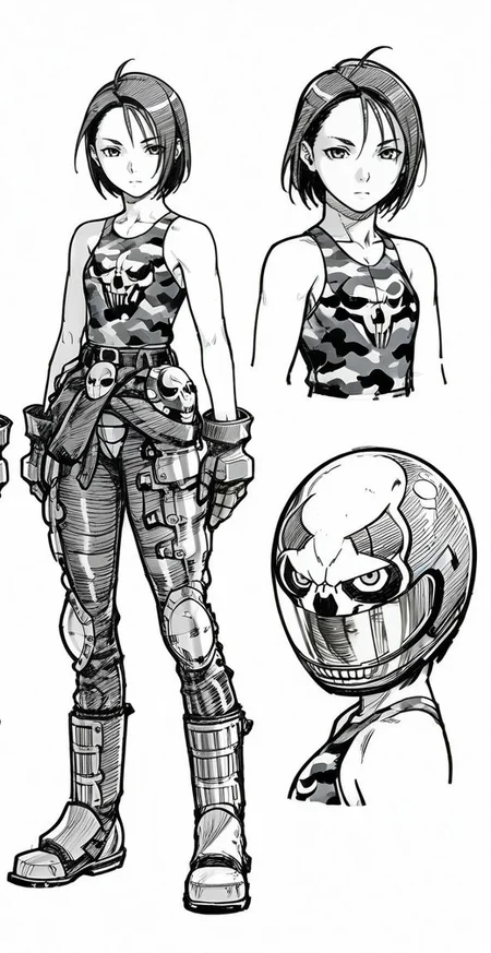 masterpiece, best quality, <lora:Akira_Kazama_Rival_Schools_-_IL:1>, kazama akira, 1girl, looking at viewer, short hair, gloves, solo, white background, monochrome, greyscale, boots, sketch,tank top, concept art, multiple views, biker helmet, skull helmet, bodysuit, camouflage,