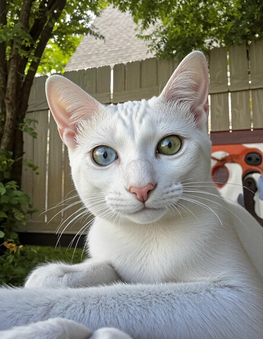 realistic photo of vanillacat, a white cat, ultra high quality, very detailed fur, sharp focus, highly detailed, <lora:uai_VanilyaCat_v102:1>, <lora:Backyard_Suburbs:1>, Backyard_Suburbs backyard background