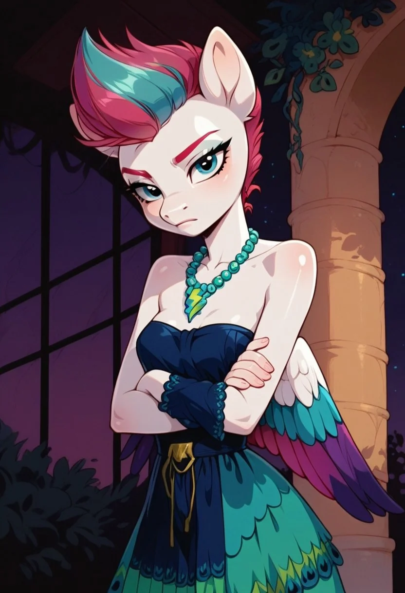 safe_pos, score_9, score_8_up, score_7_up, score_6_up, realistic illustration, dramatic angle, outside, garden, (night), 1girl, solo, (Zipp storm:1.3), anthro pony, my little pony, 25 yo, tail, petite body, shiny skin, wings, folded wings, small breasts, makeup, eye shadow, standing, looking at you, rejecting pose, bored look, crossed arms, dramatic angle, a blue dress with pink and white details decorated with curls and hearts, a high cap with a floral pattern on her head, a pearl ornament is visible on her neck