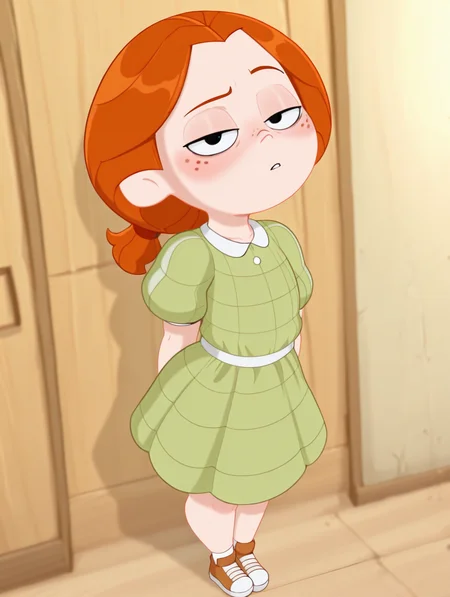 masterpiece, best quality, amazing quality, very aesthetic, absurdres, Shadman, newest, solo, DBLKatieZYN, 1girl, solo, black eyes, ponytail, orange hair, freckles, (green dress), looking_at_viewer