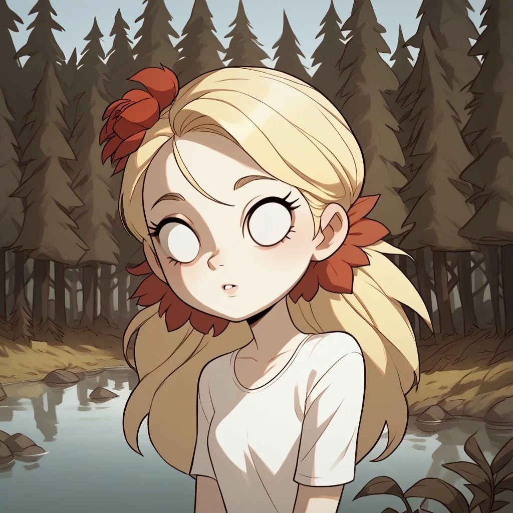 score_9, score_8_up, score_7_up, score_6_up, score_5_up, score_4_up, 1 girl,
diives
Wendy Carter, Dont starve, white eyes, no pupils, blonde hair, bangs, hair flower
forest, river, riverside, enf