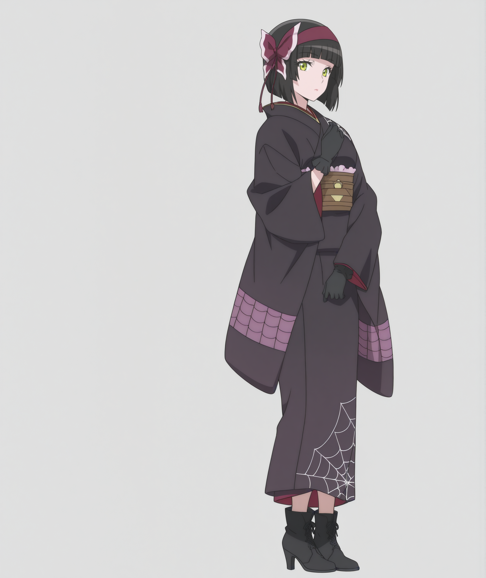 official art, absurdres, highres, anime coloring, hi res, best quality, masterpiece, 2d, intricate details, 4k,
1girl, solo, female, eyelashes, nose, short hair, bangs, green eyes, yellow eyes, black hair, blunt bangs, bob cut,
hairband, red hairband, pink hairband, bow, ribbon, hair ribbon, hair bow, red bow,
gloves, black gloves, japanese clothes, kimono, sash, obi, black kimono, spider web print,
boots, black footwear, high heels, high heel boots, ankle boots,
full body, looking at viewer, standing,
depth of field, white background, <lora:Mio_(Character)_ILXL:1>, mio \(tsuki ga michibiku isekai douchuu\), tsuki ga michibiku isekai douchuu,