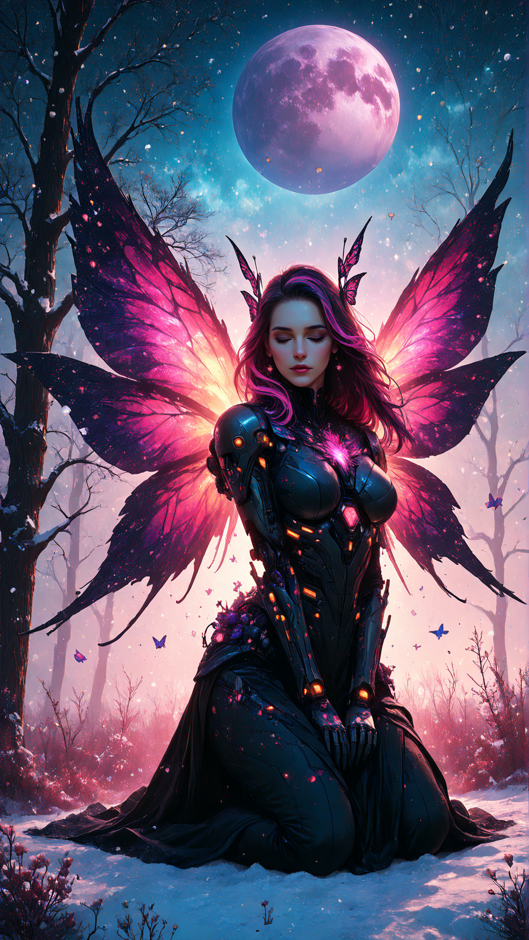 score_9, score_8_up, score_7_up, 8K Ultra Realistic, Jed-dblexpsre effect, double exposure of planets and stars, merged, Jed-dblexpsre, double exposure huge spread cyber butterfly wings decorated with snowflakes planets and stars, multicolor dyed hair, very long straight hair, eyes closed, facing ground, cyborg girl, cyborg body details, dark fields of snow and reflecting ice with planets and stars, kneeling, peaceful,