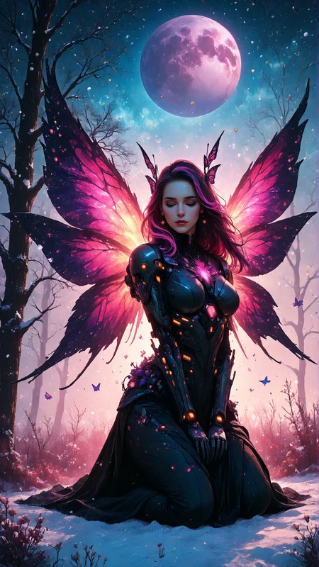 score_9, score_8_up, score_7_up, 8K Ultra Realistic, Jed-dblexpsre effect, double exposure of planets and stars, merged, Jed-dblexpsre, double exposure huge spread cyber butterfly wings decorated with snowflakes planets and stars, multicolor dyed hair, very long straight hair, eyes closed, facing ground, cyborg girl, cyborg body details, dark fields of snow and reflecting ice with planets and stars, kneeling, peaceful,