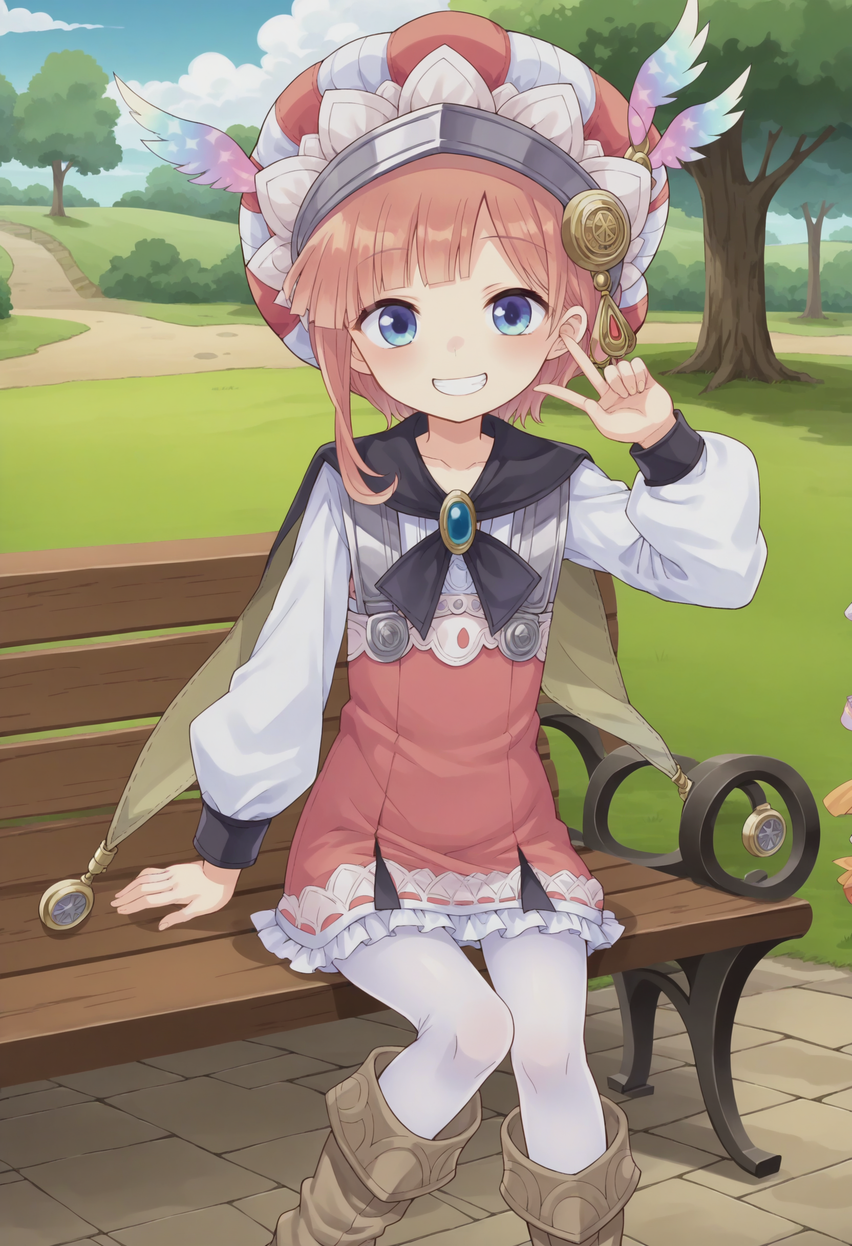 score_9, score_8_up, score_7_up, score_6_up, score_5_up, score_4_up , anime coloring ,BREAK source_anime, anime,screencap,
1girl, solo, a13, pink dress, split cape, child, pantyhose, boots, white pantyhose, striped headwear  <lora:PonyXL RoronaF V1:0.9>
outdoors, park, sitting on bench,
smile, grin, looking at viewer,
