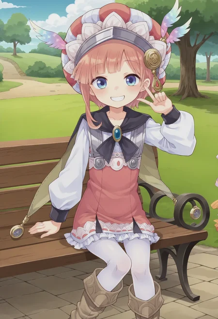 score_9, score_8_up, score_7_up, score_6_up, score_5_up, score_4_up , anime coloring ,BREAK source_anime, anime,screencap,
1girl, solo, a13, pink dress, split cape, child, pantyhose, boots, white pantyhose, striped headwear <lora:PonyXL RoronaF V1:0.9>
outdoors, park, sitting on bench,
smile, grin, looking at viewer,