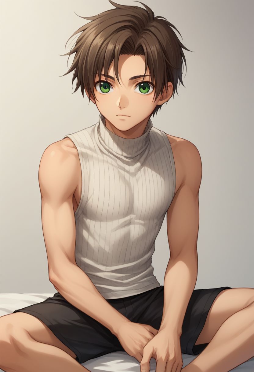score_9, score_8_up, score_7_up, source_anime, 
teito, 1boy, solo, male focus, sleeveless turtleneck, sleeveless, green eyes, brown hair, turtleneck, bare shoulders, biker shorts, black shorts, bare foot,
indoor, sit,