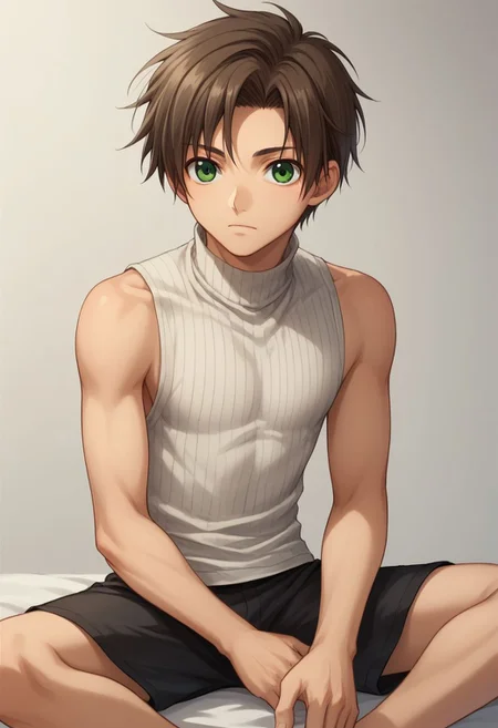 score_9, score_8_up, score_7_up, source_anime, 
teito, 1boy, solo, male focus, sleeveless turtleneck, sleeveless, green eyes, brown hair, turtleneck, bare shoulders, biker shorts, black shorts, bare foot,
indoor, sit,