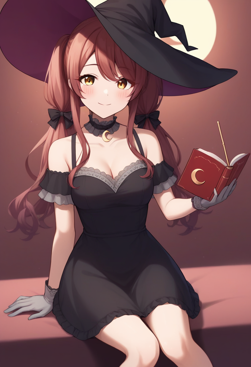 score_9,score_8_up,score_7_up,<lora:idolmaster_shiny_colors:1>,1girl, absurdres, bare_shoulders, black_dress, black_hat, blush, book, book_on_lap, breasts, choker, cleavage, closed_mouth, collarbone, crescent, crescent_choker, dress, frilled_choker, frilled_dress, frills, gloves, grey_gloves, hair_ribbon, hat, highres, holding, holding_book, holding_wand, long_hair, looking_at_viewer, official_alternate_costume, official_alternate_hairstyle, open_book, osaki_amana, red_hair, ribbon, sitting, smile, solo, swept_bangs, twintails, wand, witch, witch_hat, yellow_eyes