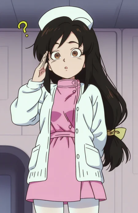 <lora:anatomy_helper:0.8> 1girl, solo, <lora:Broly_v1:0.9> dbsb,
nurse, nurse outfit, white cardigan, pink blouse, pink skirt, white pantyhose, <lora:ffgarnet-illu-nvwls-v1_1:0.7> ffixgarnet, black hair, brown eyes, low-tied long hair,
drydock, Saluting, (Confused expression), extremely detailed, highres, masterpiece, best quality