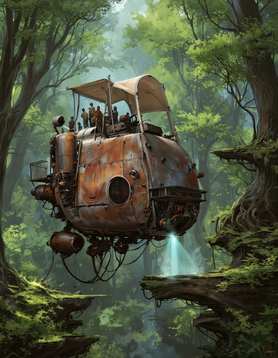 Art by Alejandro Burdisio. A digital illustration shoot from a below camera angle about a futuristic flying vehicle in a lush, vibrant forest. the image also shows a serene, ethereal atmosphere. on the middle of the image, a large, rusted, mechanical vehicle resembling a spaceship is suspended in the air, with a canopy that is partially open, revealing a few people standing on it. the vehicle appears to be in a state of disrepair, with rust and corrosion visible on its metallic surfaces. the canopy is also covered with a tarp, and the vehicle is surrounded by tall, dense trees with a soft, diffused light filtering through, creating a mystical ambiance. the background is filled with dense foliage and a vibrant green glow, adding to the sense of depth and mystery. the lighting is soft and diffused, casting gentle shadows on the vehicle and the surrounding environment.