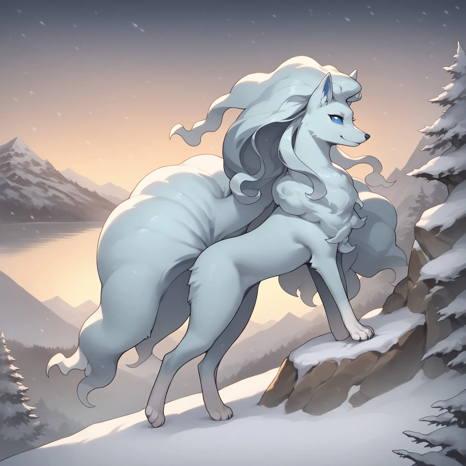 score_9, score_8_up, score_7_up, alolatales, long hair, multicolored skin, blue sclera, pokemon \(creature\), (solo), full body, looking at viewer, snow, blizzard, snowing, smile, nature, flowers, mountains, side view, cliff, <lora:cefaa866-a58e-40ba-a219-79ab392f7d60:1.0>, <lora:e53e491a-5fdc-4e89-a631-132e968604de:0.9>