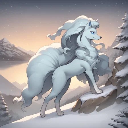 score_9, score_8_up, score_7_up, alolatales, long hair, multicolored skin, blue sclera, pokemon \(creature\), (solo), full body, looking at viewer, snow, blizzard, snowing, smile, nature, flowers, mountains, side view, cliff, <lora:cefaa866-a58e-40ba-a219-79ab392f7d60:1.0>, <lora:e53e491a-5fdc-4e89-a631-132e968604de:0.9>