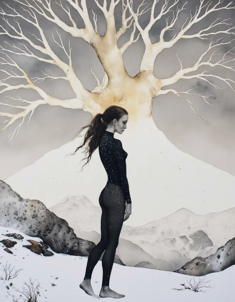 Art by Marina Richterova. A digital illustration shoot from a profile camera angle about a silhouette of a woman standing in a snowy landscape with a large, bare tree-like structure above her head. the image also shows a surreal, ethereal atmosphere. on the middle of the image, a woman, who appears to be in her mid-twenties, is standing with her full body facing the viewer. she has long, flowing hair and is wearing a form-fitting, black bodysuit that is covered in small, sparkling particles. her body is slim and toned, and she is barefoot. the woman is facing away from the viewer, and her expression is neutral. the background is a gradient of grey and white, with a snow-covered hill in the foreground. the overall mood is one of serenity and wonder, with the woman's silhouette standing out against the stark backdrop of the snowy landscape and the glowing tree.