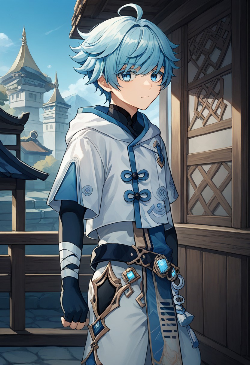 score_9, score_8_up, score_7_up, source_anime, highly detailed, 
Chongyun, 1boy, male focus, solo, light blue hair, short hair, hair between eyes, bangs, ahoge, blue eyes, chinese clothes, jacket, white jacket, hood, shirt, black shirt, short over long sleeves, gloves, black gloves, fingerless gloves, bandages, bandaged arm, bandaged leg, vision (genshin impact), pants, shoes, capri pants, jewelry, bracelet,
outdoor, building, oriental,