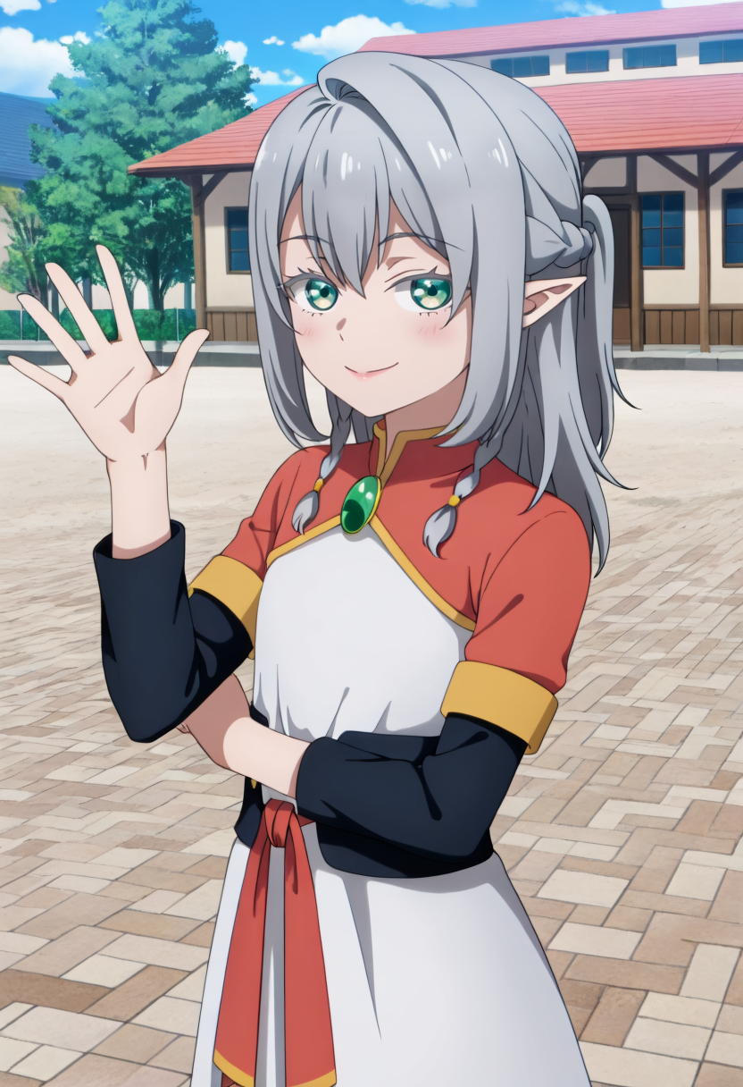 <lora:Young Tessia_IL:1>Young Tessia, 1girl, gray hair, pointed ears, elf, green eyes, white asymmetrical dress with yellow trim, red sash waist tie, black long-sleeve undershirt, green gem pendant necklace, white thigh-high socks, black crisscross strap shoes
 Municipal building plaza with cherry blossom trees,seductive smile , waving to the viewer, upper body,