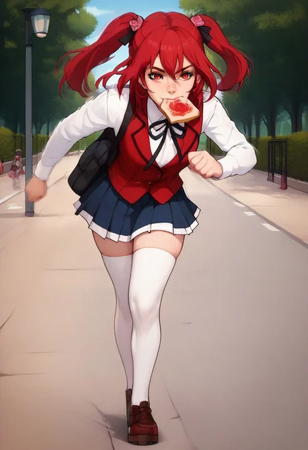 score_9, score_8_up, score_7_up, score_6_up, high definition, realistic, full body, beautiful face, perfect eyes, amelia_rose, red hair, red eyes, school uniform, white thighhighs, running with food in mouth, toast, on sidewalk, motion blur
