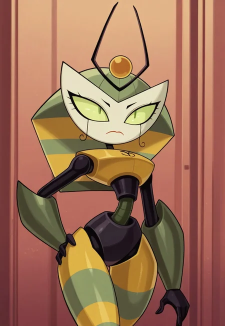 score_9, score_8, score_7, masterpiece, newest, cartoon coloring, cartoon style, show accurate  BREAK,  1girl, solo, vexus, vexus, green eyes, robot, humanoid, antennae, stripped, 