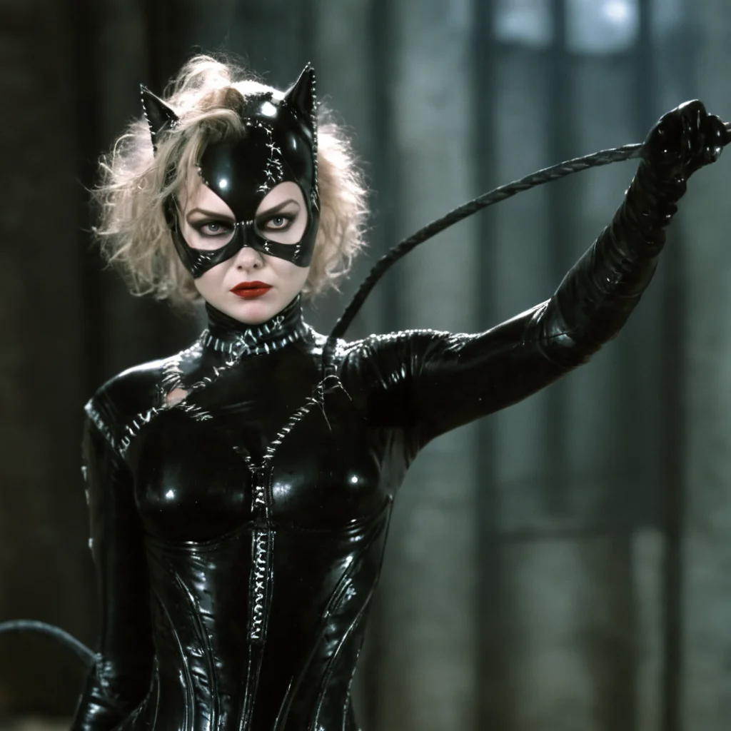 cinematic film still of <lora:Catwoman 1992:1>
Catwoman a blonde messy hair woman in a cat suit holding a whip tim burton style,1girl,solo,breasts,blonde hair,teeth,lips,bodysuit,mask,claws,realistic,whip, staring in anger to viewers, claws, 1990s, shallow depth of field, vignette, highly detailed, high budget, bokeh, cinemascope, moody, epic, gorgeous, film grain, grainy