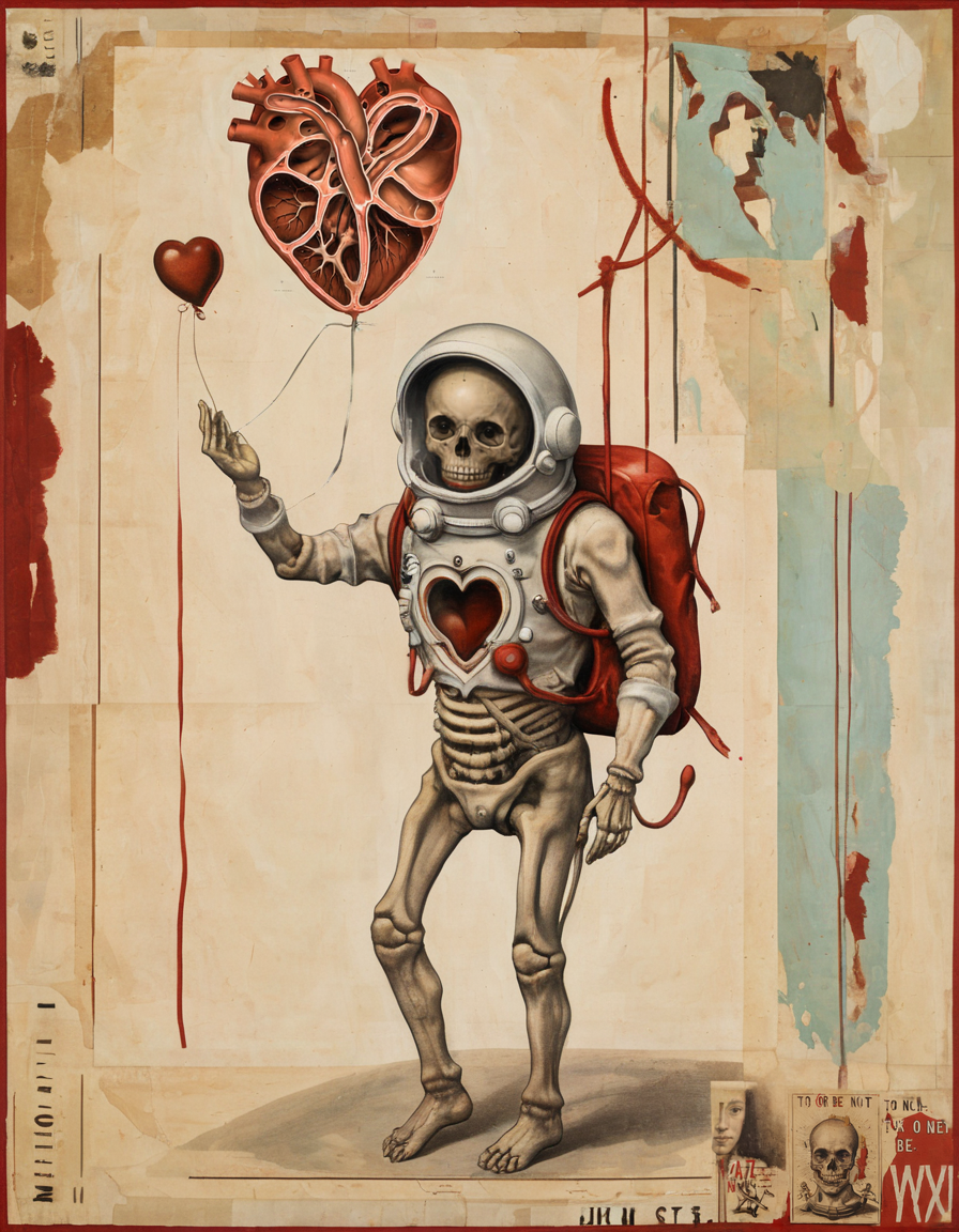 <lora:rvaz-000007:0.8>rvaz,  skeleton in spacesuit holding a red balloon anatomical heart