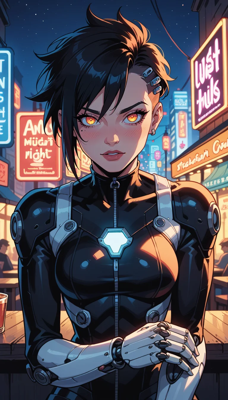 score_9, score_8_up, score_7_up, (Western Comics), mechanical girl, cute, seductive, innocent, punk hair, short hair, (mechanical arms), black body, glowing led parts, ornaments detailed, sitting outside a pub, neon lights, bright colors, (street night background), (Portrait photo), (depth of field), (dynamic angle), (ultra detailed, high quality texture), (sharp), (artistic image)