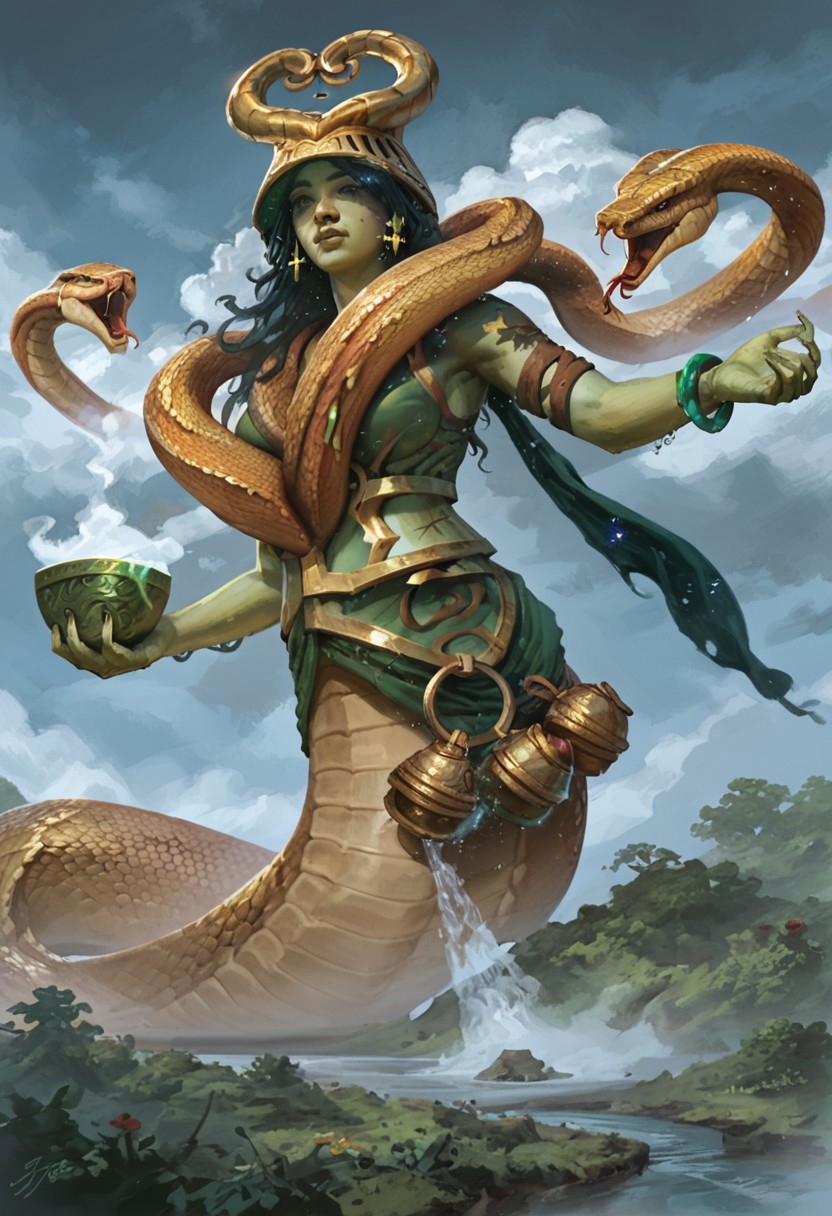 score_9, score_8_up, score_7_up, score_6_up),, (high quality), (high resolution), oil painting, (Pharika_Magic,  goddess, naga, gorgon,  yellow  cosmic glow on skin, green skin,, dark sclera, pupiless, dark eyes, long hair, black hair,  golden scales, snake lower body, two snakes coming from the chest,, headwear, golden helmet, green armor, gold trim, green robe, three jars on waist, bracelets, one green bowl,), imposing pose, BREAK, green mist, dark sky