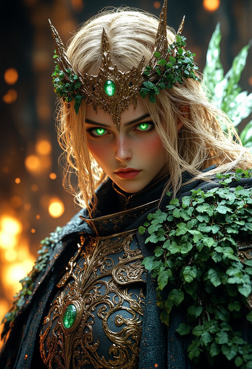 a cinematic photograph of an male angel warrior with blonde hair, super detaild and beautiful face and green glowing eyes wearing shiny armor wielding a green flaming sword in an attacking pose, white and green wings on back, photorealistic, photography lighting, extremely detailed, shot on Sony A7R V with Leica lens, fire background. HKStyle, hkevil, mythp0rt