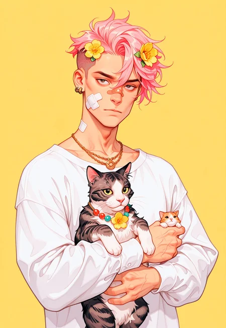 masterpiece, best quality, absurdres, very aesthetic, D3ND3N, solo, looking at viewer, short hair, simple background, shirt, hair ornament, long sleeves, 1boy, holding, hair between eyes, jewelry, closed mouth, white shirt, upper body, pink hair, flower, male focus, earrings, hair flower, necklace, animal, cat, bandaid, yellow background, yellow flower, bandaid on face, undercut, holding animal, holding cat