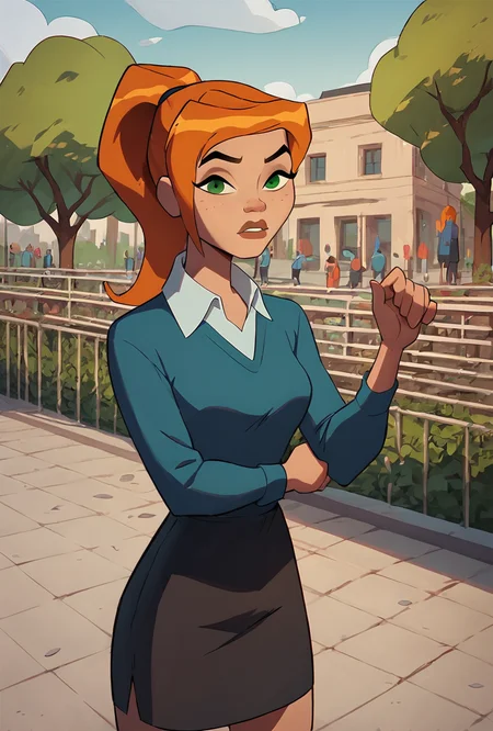 <lora:ovgwen-02:1> ovgwen, green eyes, 1girl, ponytail, orange hair, solo, blue shirt, freckles, white collared shirt, black skirt , sweater, detailed background, outdoors, public park, public location,, score_9, score_8_up, score_7_up, masterpiece, best quality