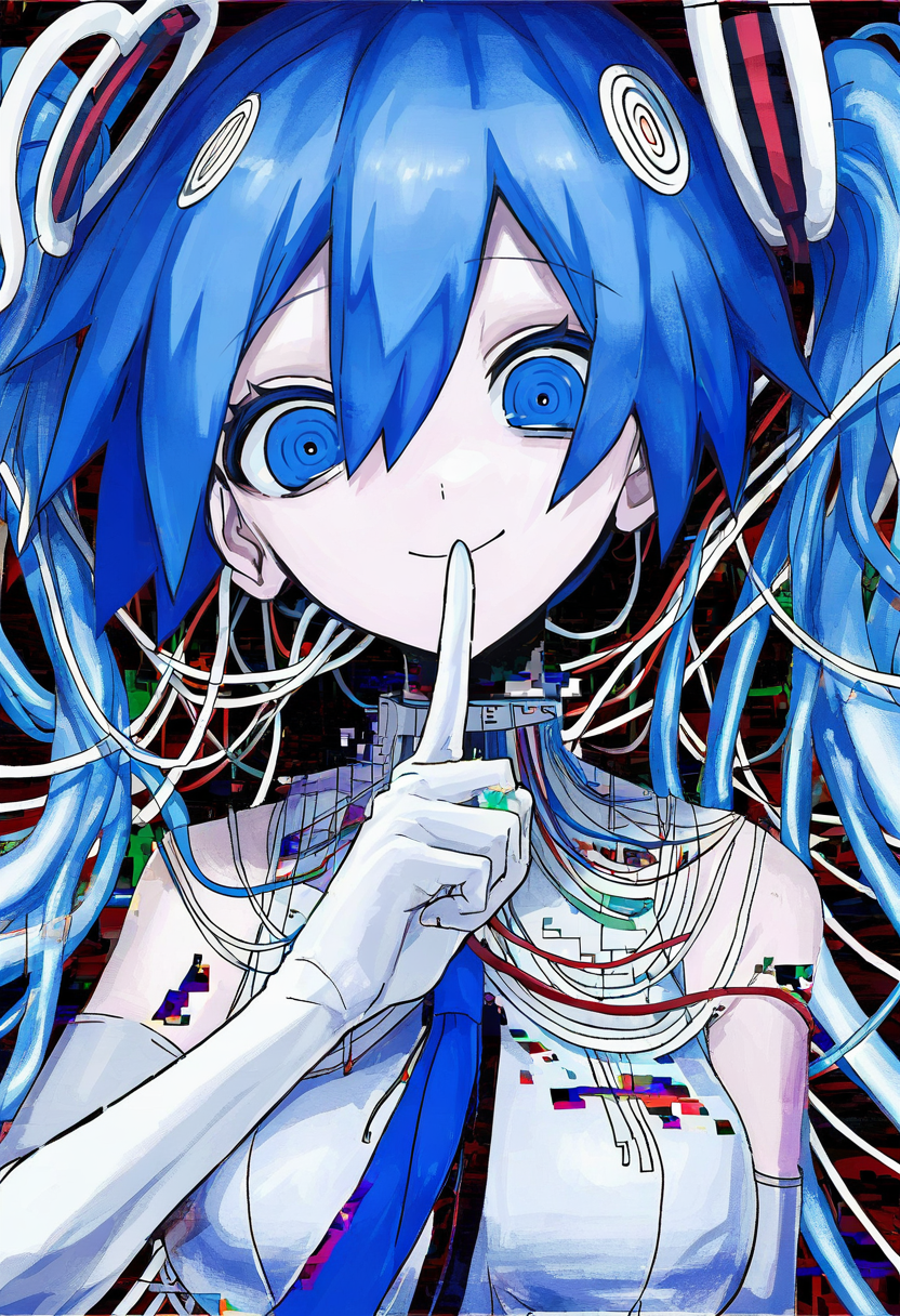1girl, solo, hatsune miku, blue eyes, twintails, blue hair, smile, long hair, looking at viewer, finger to mouth, gloves, necktie, upper body, elbow gloves, glitch, blue necktie, white gloves, shirt, cable, very long hair, sleeveless, sleeveless shirt, hair between eyes, breasts, index finger raised <lora:shiunXL_NB11_lokr_V6311P:0.95>