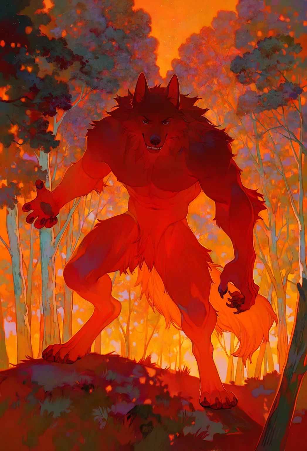 male, solo, anthro, digitigrade, (fur), fluffy fur, canine, 5 fingers, claws, pose, black fur, claws, teeth, smile, looking at viewer, pose, outside, forest, brown eyes, BREAK masterpiece, best quality, newest, high quality, very aesthetic, very awa, abstract, abstract background, <lora:Xiao style:1> xiaoquandianer,