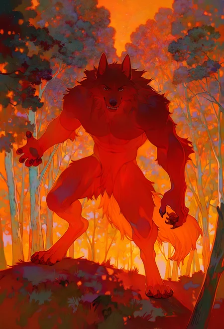 male, solo, anthro, digitigrade, (fur), fluffy fur, canine,  5 fingers, claws, pose,  black fur, claws, teeth, smile, looking at viewer, pose, outside, forest, brown eyes, BREAK masterpiece, best quality, newest,  high quality, very aesthetic, very awa,  abstract, abstract background,   <lora:Xiao style:1> xiaoquandianer,