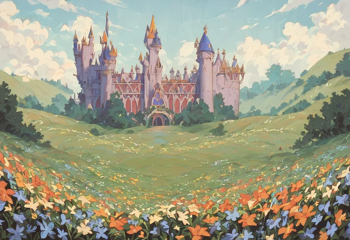 score_9, score_8_up, score_7_up, score_6_up,
nature background, flowers, flower frame, small clouds, fields, flower field, castle in background, castle, vintage, film grain