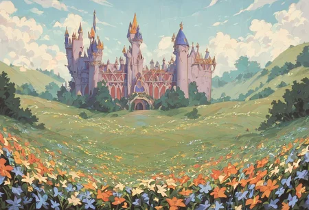 score_9, score_8_up, score_7_up, score_6_up,
nature background, flowers, flower frame, small clouds, fields, flower field, castle in background, castle, vintage, film grain