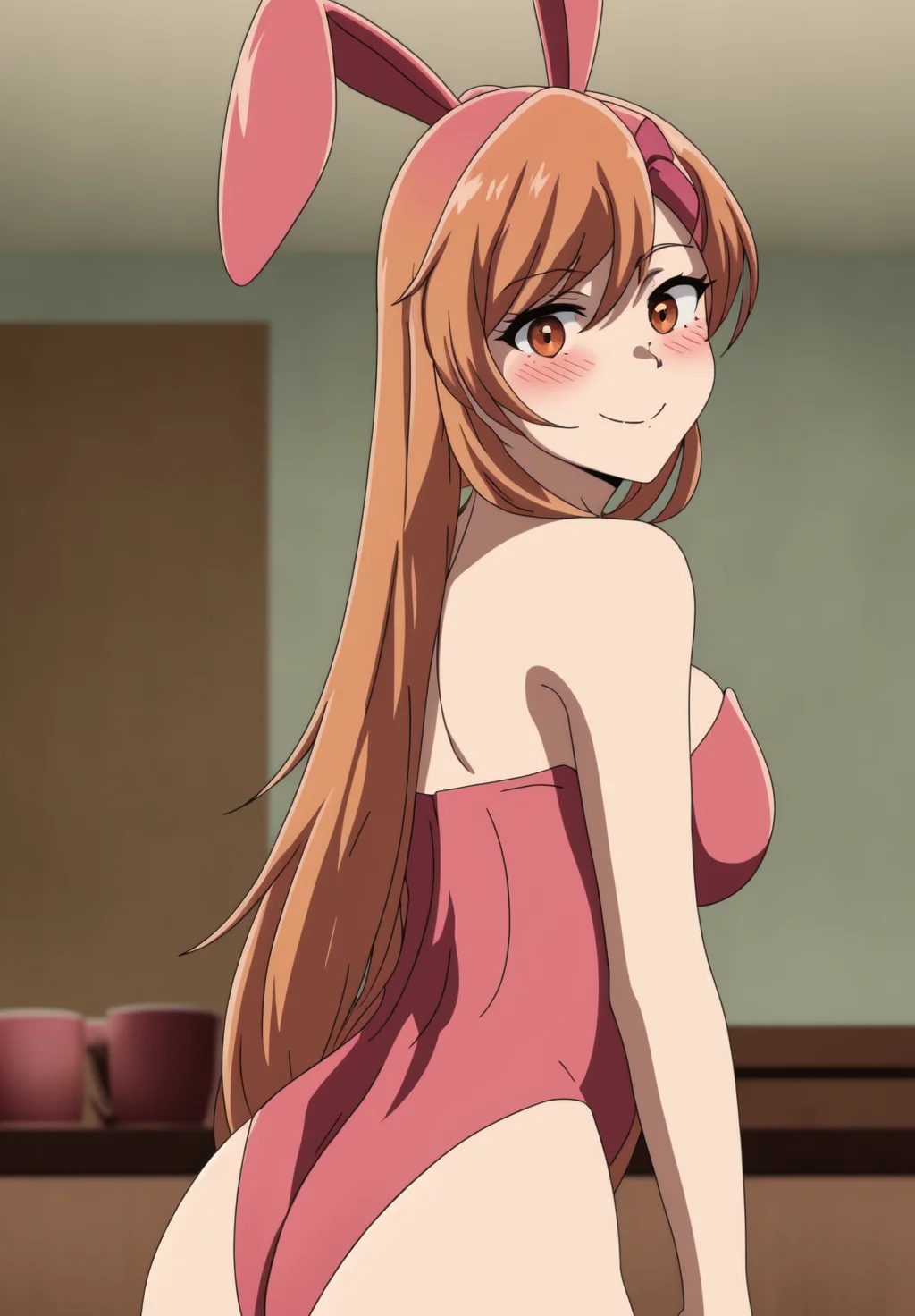 <lora:siluril:0.8>, siluril, 1girl, solo, looking at viewer, blush, smile, bangs, bow, animal ears, cleavage, hair between eyes, bare shoulders, brown eyes, medium breasts, very long hair, closed mouth, collarbone, indoors, rabbit ears, leotard, strapless, fake animal ears, playboy bunny, strapless leotard, mug, (From behind, looking back)