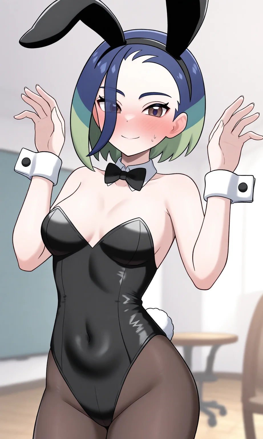 masterpiece, best quality, high resolution, absurdres, 1girl, perrin_(pokemon), brown_eyes, blue_hair, gradient_hair, loose_hair_strand, short_hair, medium_breasts, playboy_bunny, fake_animal_ears, black_leotard, bunny_pose, embarrassed, nervous_smile, looking_at_viewer, indoors,