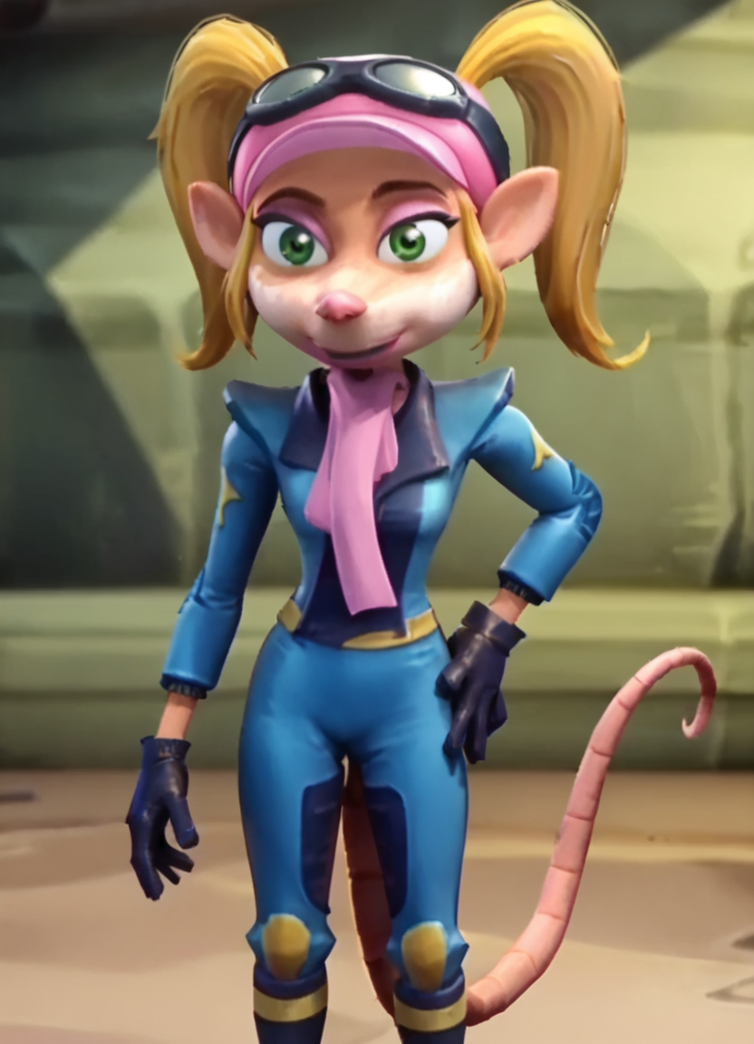 <lora:PasadenaPony1.0:1> pasadena o'possum, 1girl, twintails, racing suit, pink headwear, pink scarf, goggles on headwear,sidelocks,  solo,boots,  blonde hair, animal ears, gloves, standing, green eyes, furry female, tail, score_9, score_8_up, score_7_up, score_6_up, score_5_up, score_4_up, looking at viewer, cowboy shot,