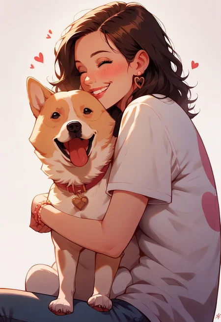 score_9, score_8_up, score_7_up, score_6_up, score_5_up, <lora:b3ckXLP:1> b3ck, dog, <lora:p3tl0v3XLP:1> p3tl0v3, 1girl, hugging