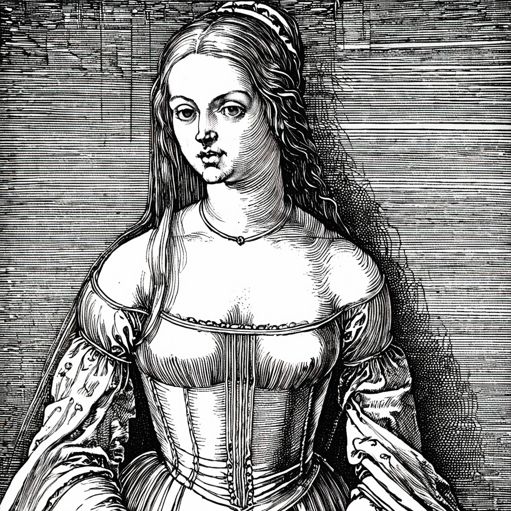 durer, denri, engraving, monochrome, portrait of a girl in a shoulderless dress, <lora:DURER-01:1>, <lora:DENRI_01(juggernautXL_v9)-100:1>