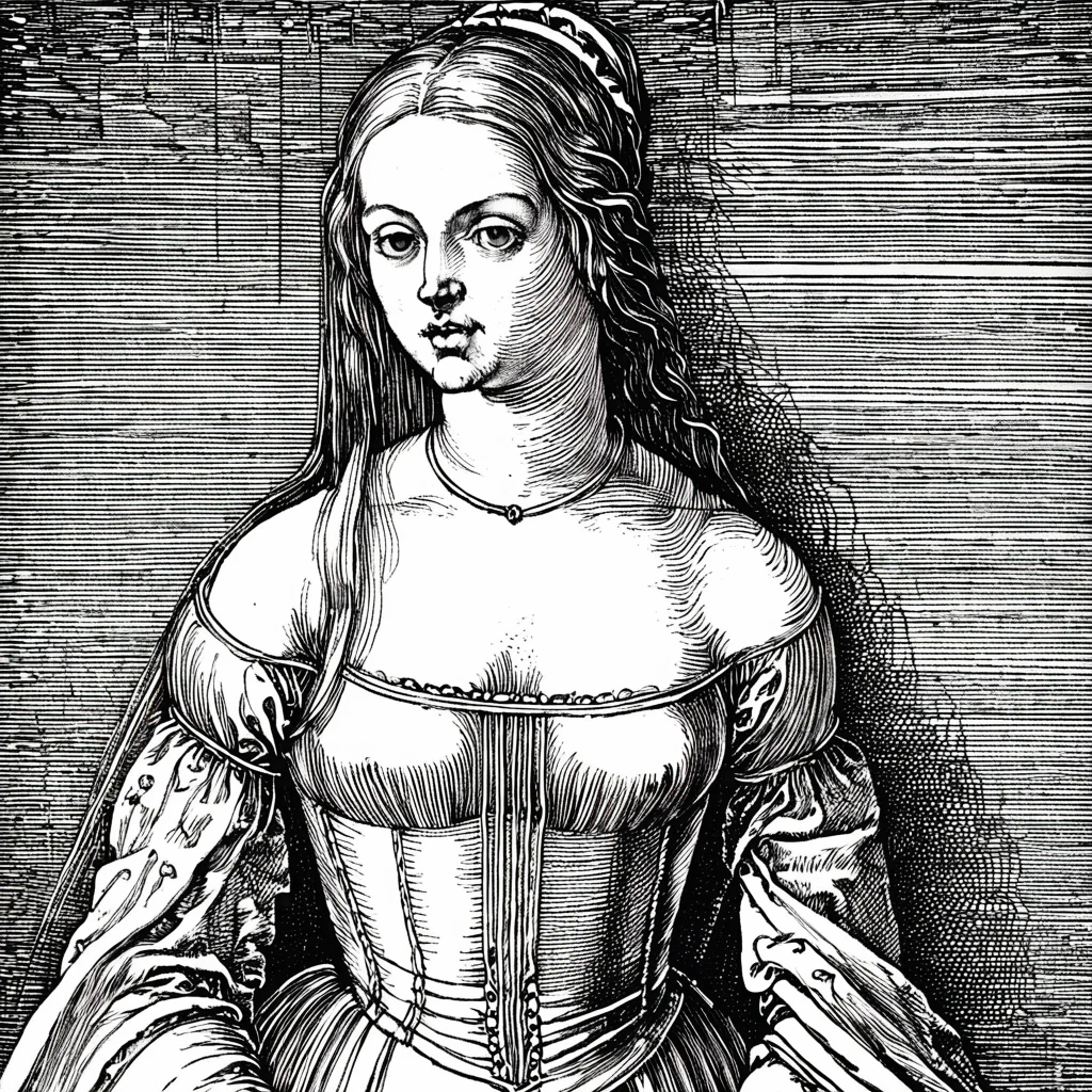 durer, denri, engraving, monochrome, portrait of a girl in a shoulderless dress, <lora:DURER-01:1>, <lora:DENRI_01(juggernautXL_v9)-100:1>