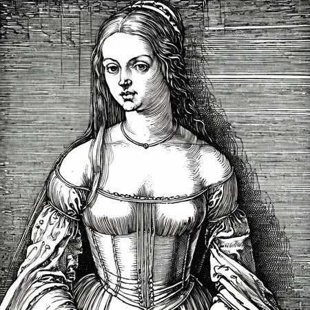 durer, denri, engraving, monochrome, portrait of a girl in a shoulderless dress, <lora:DURER-01:1>, <lora:DENRI_01(juggernautXL_v9)-100:1>