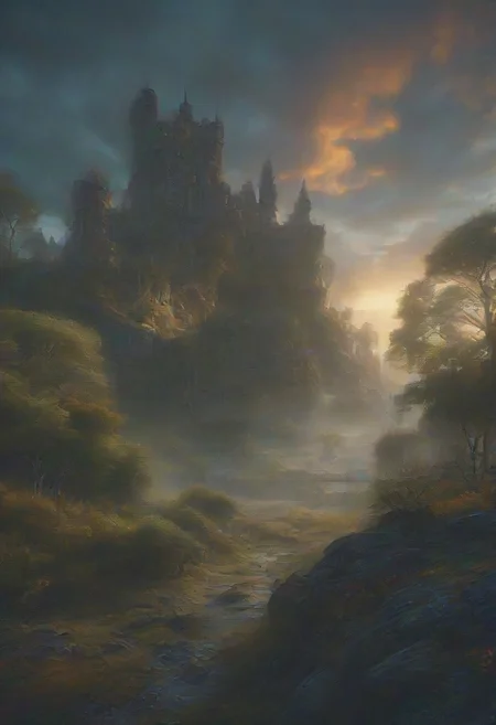 A breathtaking sunrise over a mysterious Scottish glen containing a castle with drawbridge wreathed in mist
 illustration, cinematic
<lora:DonM3t3rn1tyXL-v1.1:0.7>, DonM3t3rn1tyXL,
OverallDetailXL  <lora:MJ52:0.3>  <lora:SDXLFaeTastic2400:0.4>  <lora:EpicF4nta5yXL:0.7>