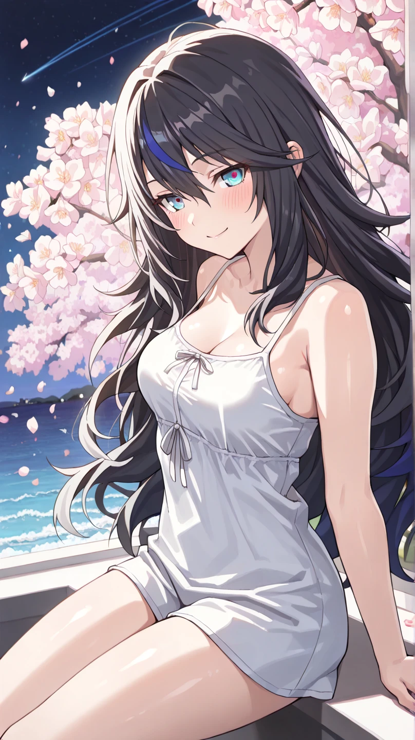 masterpiece, 1girl, solo, scenery, (detailed eyes), (high definition eyes), (high gradient eyes), (eyesHD), (best quality:1.4), (amazing quality:1.3), very aesthetic, (trg_sain),(blush), shiny skin, ambience, Shiny Eyes, Shiny Skin Thighs, hips swaying, (mature woman) ,BREAK, shiny hair, sidelocks, blunt bangs, (medium breasts:1.2), anime coloring, skin_clean, shiny_skin, night, midnight, looking at the sea, BREAK, cherry blossoms background, leaning back, leaning to the side, smile, very long hair, free pose, delicate skin texture, fair skin, delicate face, pastels, bright tones, wind, light particles, light, bright tones, motion lines, extremely detailed, intricate, delicate details, movie lighting, very beautiful, absurd, dynamic graphics, dynamic angles, special movements, dynamic poses, action poses, dynamic movements, (Illustration: 1.2), (8K Wallpaper), (Beautiful, pretty eyes: 1.2), Delicate eyes, beautiful, soft colors, clear line, project sekai, soft, pastel, colorful, (disheveled hair), (illustration), Black hair, anime, ghibli, anime style, close up, from side, first-person perspective, 8k, super detail, masterpiece,super detail, high quality, high resolution, high detail, white background, face detail, happiness, curly hair, blue eyes