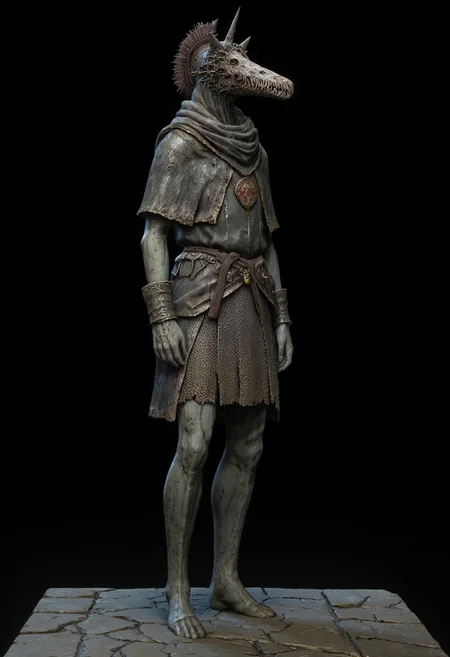 malformed hobo Miner lizardman in a roman soldier armor mixed with legionnaire attire, cobra and crocodile shaped skull, elongated horse snout
Standing on a flat ground
Set against a solid dark black color background to emphasize its unsettling unnatural form that emphasizes its silhouette. The medium is not a traditional painting or illustrative medium like watercolor or ink but rather a digital 3D rendering.
MikeFranchinastyle, bbstyle,, horror theme,, ZBClay model of a gray sculpture, zbrush, d4arks0uls, overcast lighting