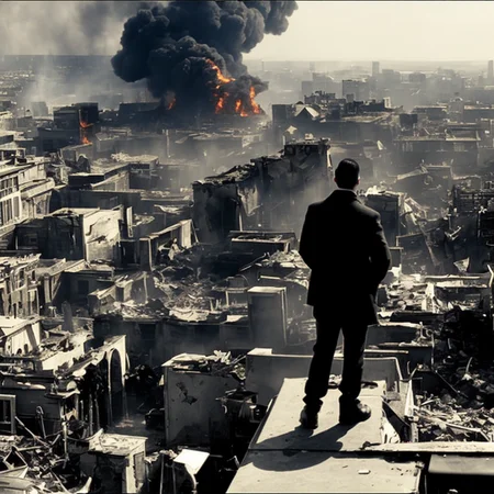 SinCityMovie Style landscape of a post apocalyptic city, smoking buildings, fire, debris, chaos